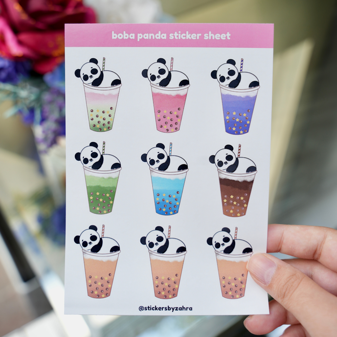 Sticker sheet featuring adorable boba tea drinks with a sleepy panda resting on top of the cup, and stars floating inside alongside classic boba pearls. Includes pastel milk tea, matcha, strawberry, and more designs – perfect for journaling, planners, scrapbooking, and kawaii stationery lovers who adore dreamy, cozy vibes.